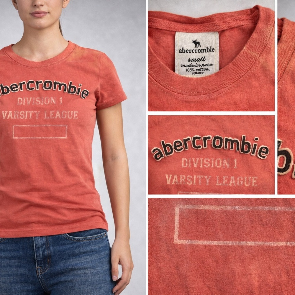 Abercrombie Varsity Tee Women’s Small Faded Coral Distressed Logo Y2K babydoll